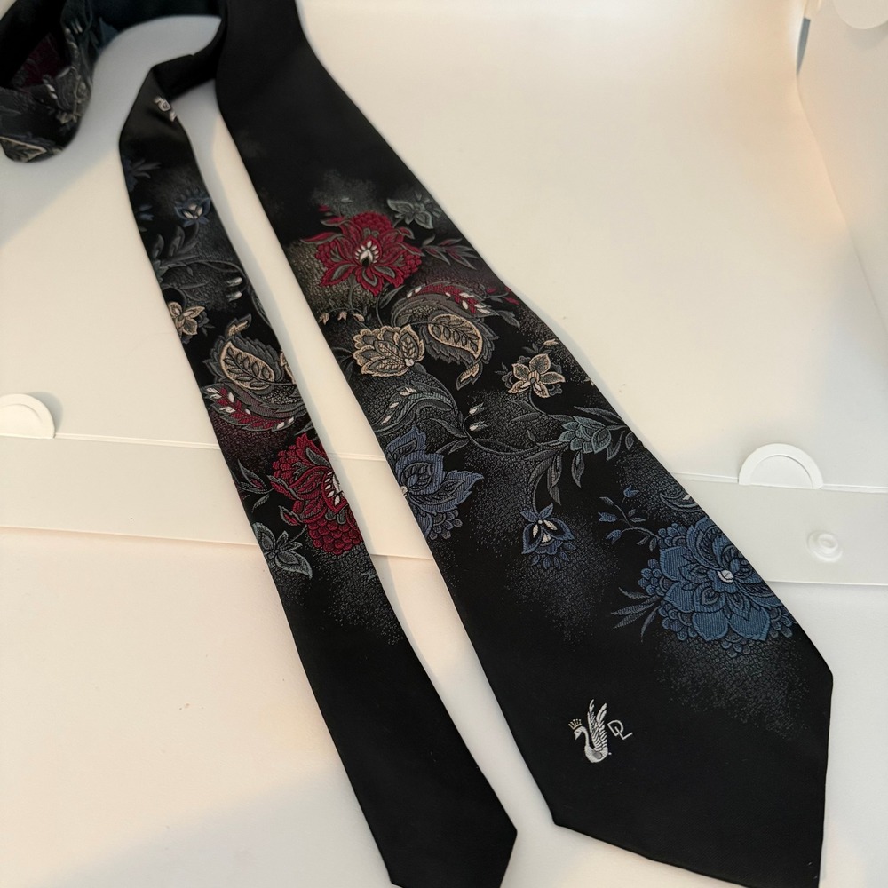 Don Loper Beverly Hills Mens Floral Necktie Black Red Blue Vintage Swan Logo
